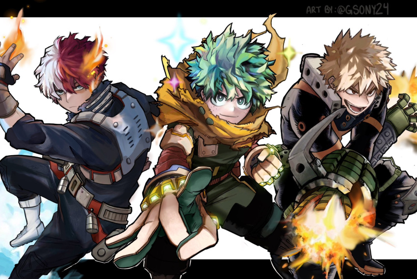 3boys, aqua_hair, arm_up, artist_name, bakugou_katsuki, belt, belt_pouch, black_footwear