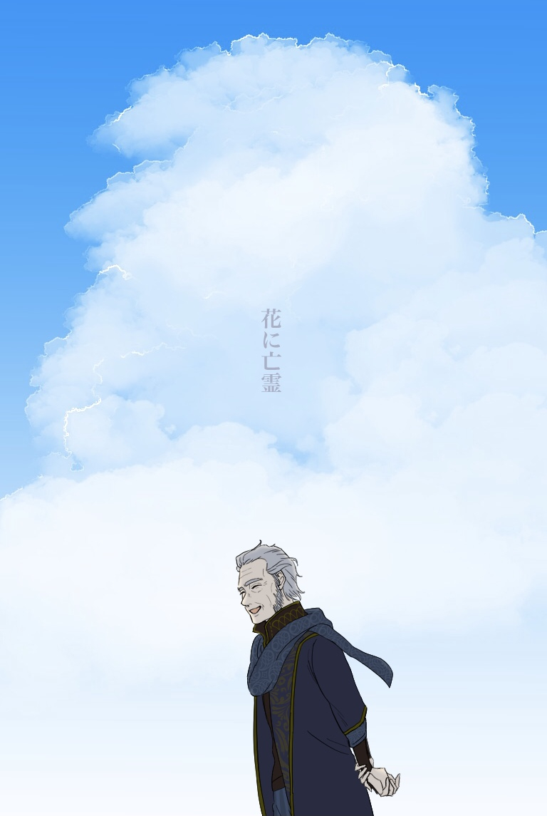 1boy, blue_coat, blue_scarf, closed_eyes, coat, eleazar_fig, grey_hair, harry_potter_(series), hogwarts_legacy, itoyouji0109, male_focus, old, old_man, scarf, smile, solo, wizarding_world, wrinkled_skin