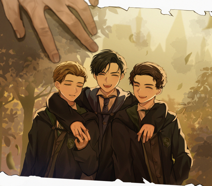 3boys, animification, black_coat, black_hair, black_robe, blonde_hair, brown_hair, closed_eyes