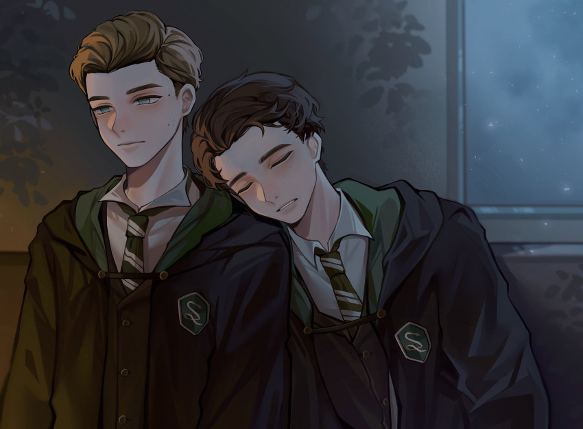 2boys, black_coat, black_robe, blind, blonde_hair, brown_hair, closed_eyes, coat