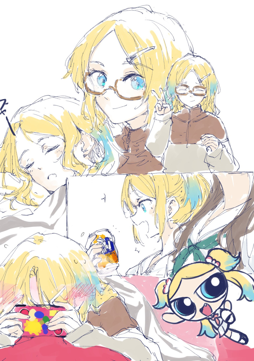 2girls, ^_^, blonde_hair, blue_eyes, blue_hair, blush, blush_visible_through_hair, brown-framed_eyewear
