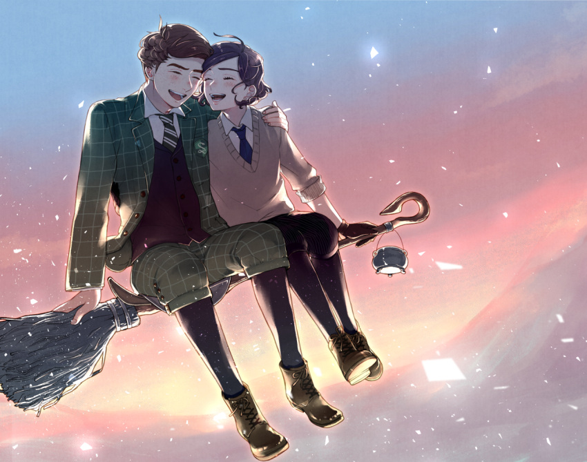 1boy, 1girl, broom, broom_riding, brown_hair, coat, flying, freckles