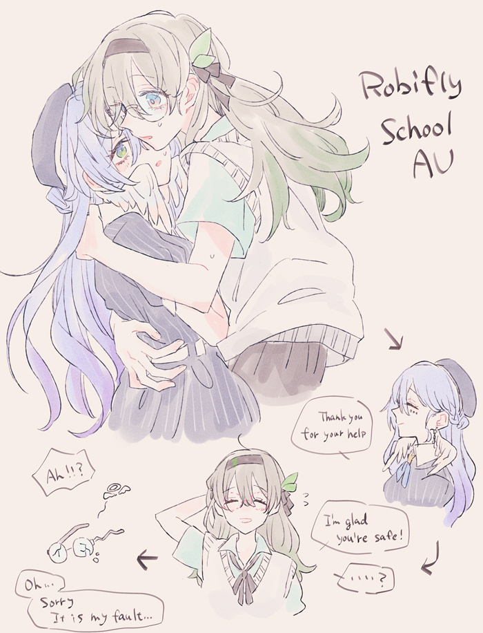 2girls, black_dress, black_hairband, black_ribbon, blue_eyes, blue_shirt, blush, broken_eyewear