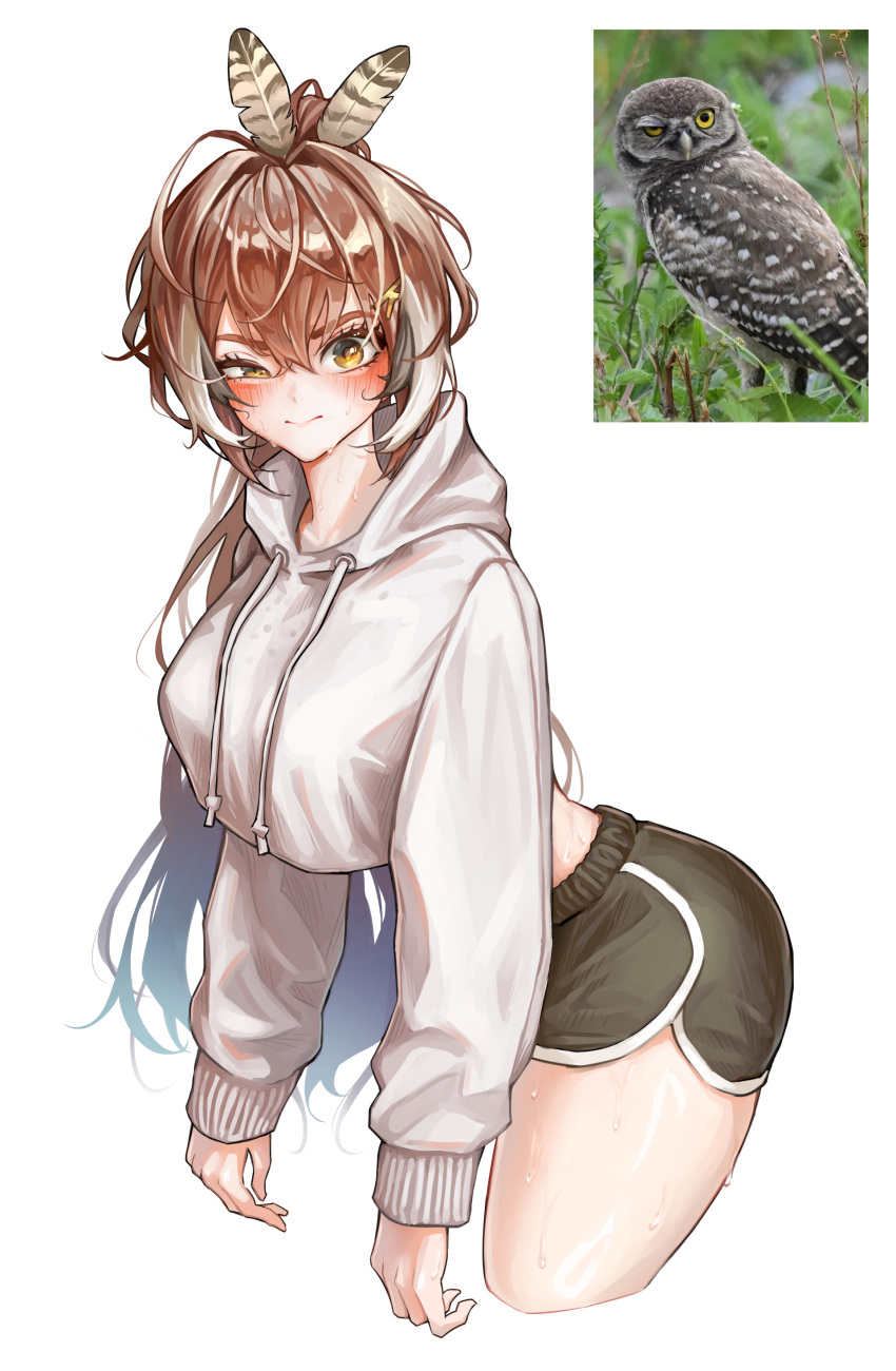 1girl, absurdres, ahoge, alternate_costume, black_hair, black_shorts, blush, brown_hair