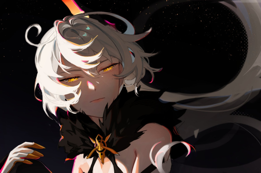 1girl, ahoge, arbk_r, bare_shoulders, black_background, closed_mouth, english_commentary, gloves, glowing, glowing_eyes, hair_ornament, half-closed_eyes, highres, honkai_(series), honkai_impact_3rd, kiana_kaslana, kiana_kaslana_(herrscher_of_the_void), long_hair, looking_at_viewer, simple_background, solo, upper_body, very_long_hair, white_gloves, white_hair, yellow_eyes