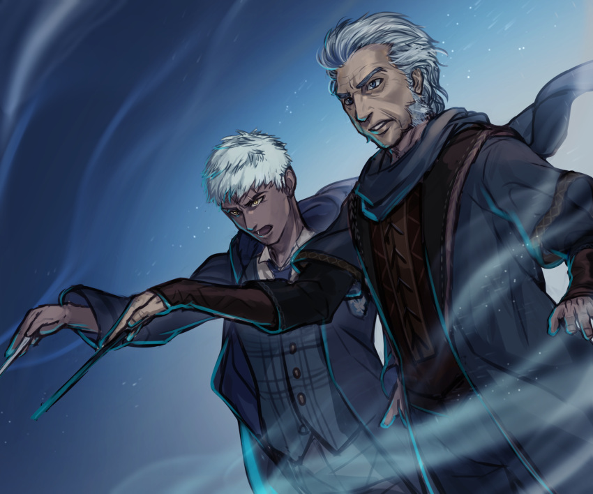 2boys, black_coat, black_robe, blue_coat, blue_scarf, coat, dark-skinned_male, dark_skin