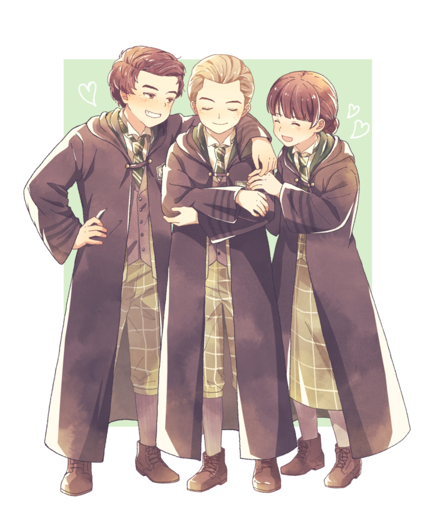 1girl, 2boys, anne_sallow, black_coat, black_robe, blonde_hair, brother_and_sister, brown_hair, coat, freckles, hair_bun, harry_potter_(series), highres, hogwarts_legacy, hogwarts_school_uniform, hooded_robe, kuroneko-no-senaka, long_skirt, multiple_boys, necktie, ominis_gaunt, pants, plaid_clothes, plaid_pants, plaid_skirt, robe, school_uniform, sebastian_sallow, short_hair, siblings, skirt, striped_necktie, wizarding_world