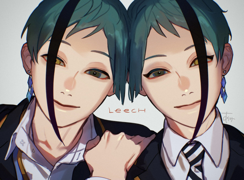 2boys, ake_karashi, blue_hair, brothers, floyd_leech, green_eyes, grey_background, hand_on_another's_shoulder