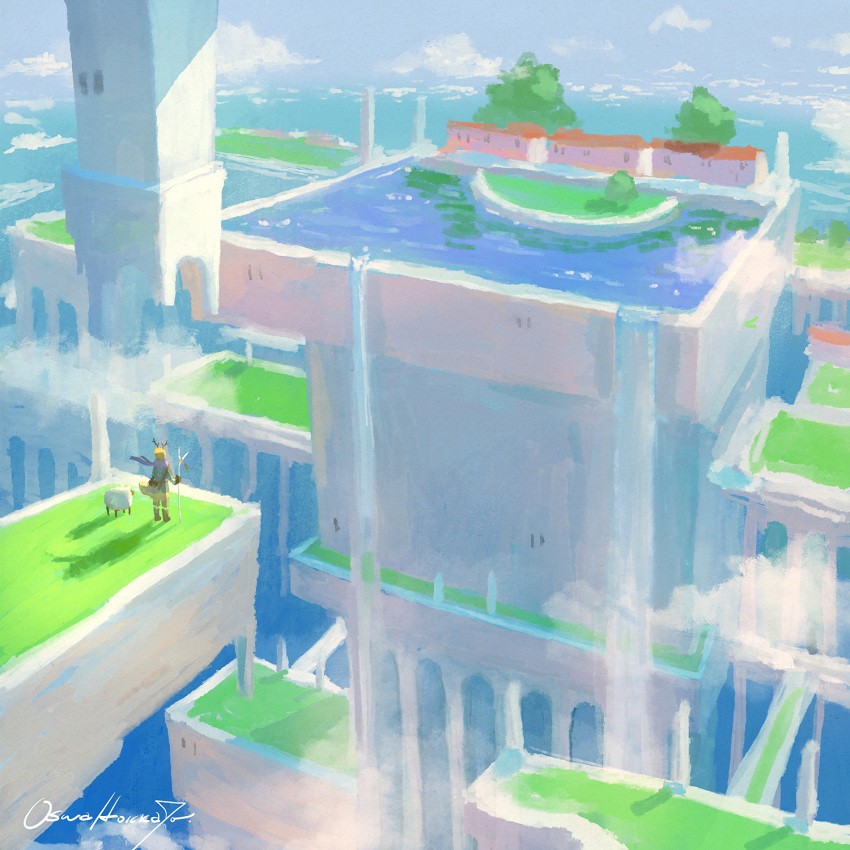 1other, animal, antlers, blue_sky, building, clouds, day, fantasy, floating_building, highres, holding, holding_staff, horns, katou_oswaldo, original, outdoors, pool, purple_scarf, scarf, scenery, sheep, sky, staff, tree, water, waterfall