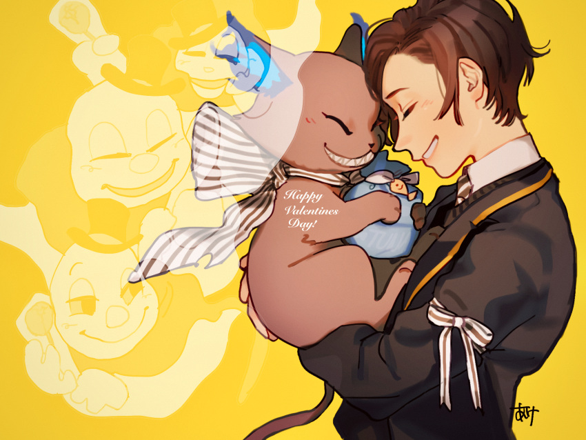 1boy, ake_karashi, animal, brown_hair, cat, creature, ghost, grim_(twisted_wonderland)