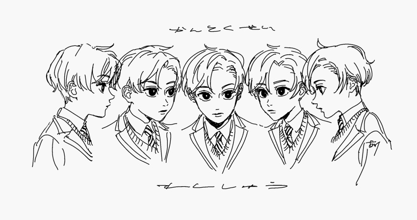 5boys, ake_karashi, greyscale, highres, male_focus, monochrome, multiple_boys, necktie