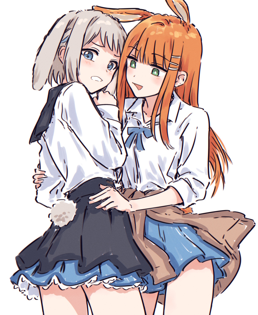 2girls, :d, animal_ears, black_overskirt, blue_eyes, blue_ribbon, blue_skirt, blunt_bangs