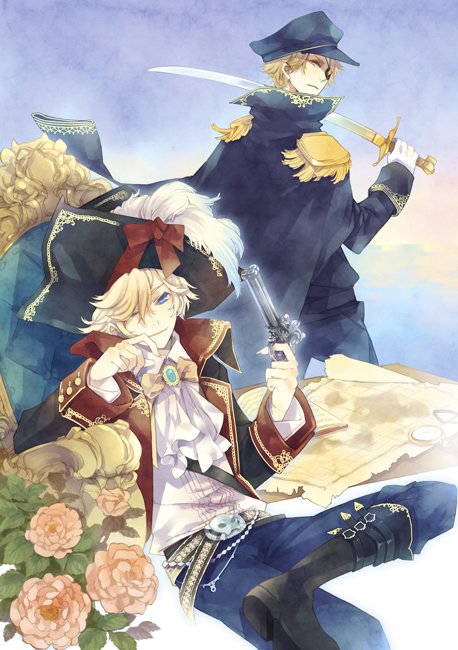 belt, blonde_hair, blue_eyes, boots, crossed_legs, flower, gun, hand_to_mouth