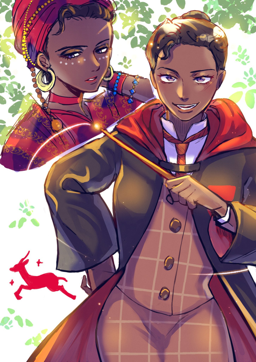 1girl, black_coat, black_hair, black_robe, coat, dark-skinned_female, dark_skin, earrings, gryffindor, hair_bun, hand_on_own_hip, harry_potter_(series), highres, hogwarts_legacy, hogwarts_school_uniform, holding, holding_wand, hooded_robe, jewelry, long_skirt, natsai_onai, necktie, plaid_clothes, plaid_skirt, robe, school_uniform, short_hair, skirt, smile, striped_necktie, wand, wizarding_world, yabusakashiro