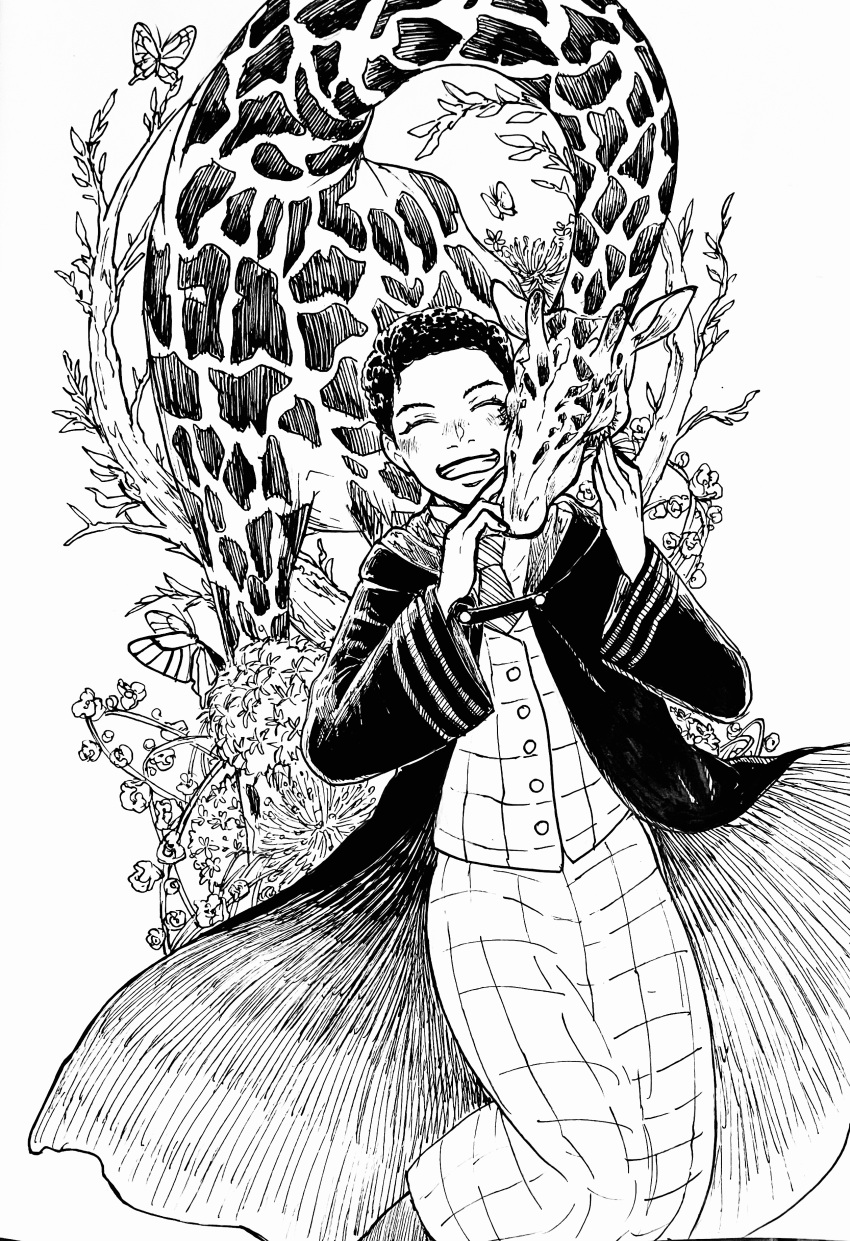 1girl, absurdres, animal_ears, as_122m, black_coat, black_robe, coat, giraffe_ears, harry_potter_(series), highres, hogwarts_legacy, hogwarts_school_uniform, hooded_robe, long_skirt, monochrome, natsai_onai, necktie, plaid_clothes, plaid_skirt, robe, school_uniform, short_hair, skirt, smile, striped_necktie, wizarding_world