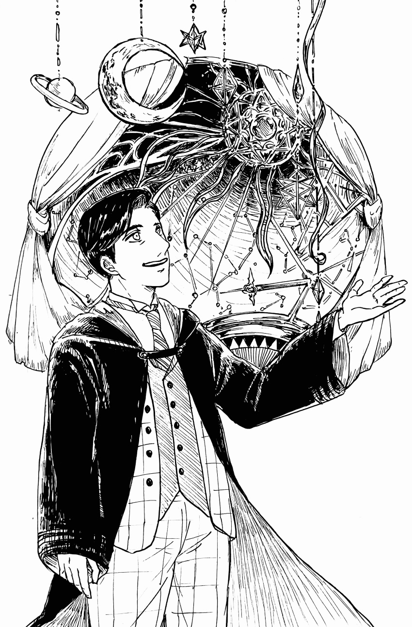 1boy, absurdres, amit_thakkar, as_122m, black_coat, black_hair, black_robe, coat, crescent_moon, highres, hogwarts_legacy, hogwarts_school_uniform, hooded_robe, monochrome, moon, necktie, pants, plaid_clothes, plaid_pants, robe, saturn_(planet), school_uniform, short_hair, smile, striped_necktie, wizarding_world