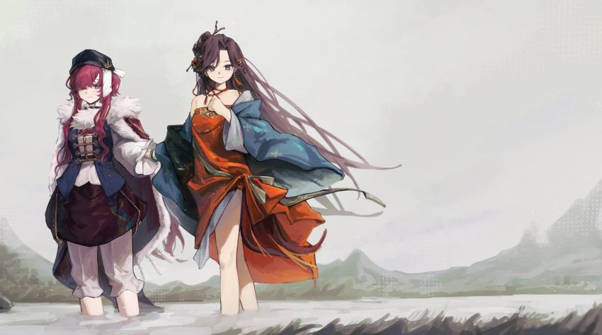 2girls, absurdres, bare_legs, bare_shoulders, black_eyes, black_hair, black_hat, black_vest