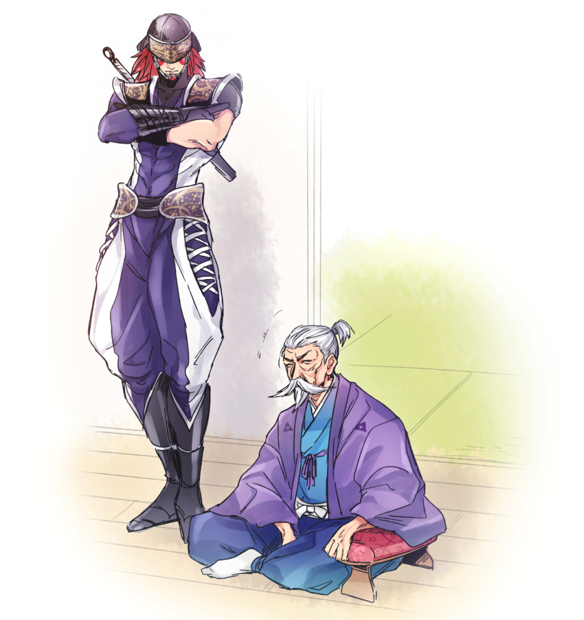 2boys, ^_^, alternate_costume, armor, asymmetrical_sleeves, blue_kimono, closed_eyes, covered_eyes