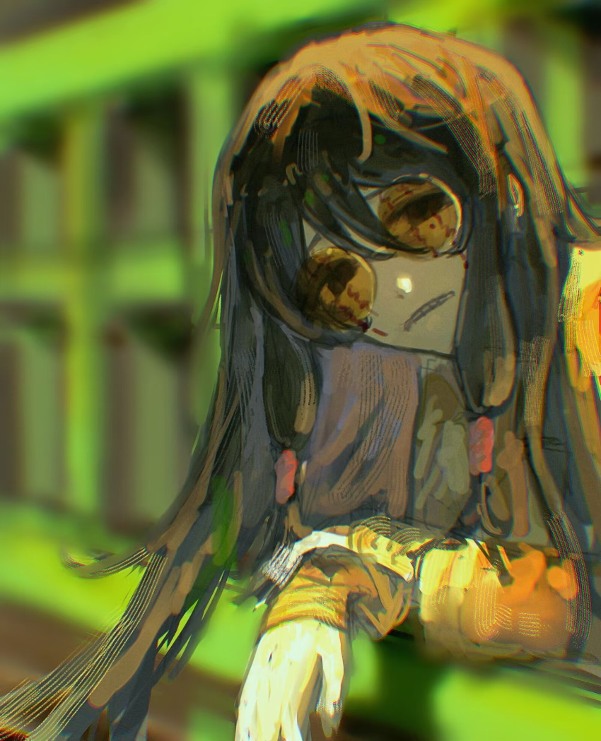 1boy, black_eyes, black_hair, blurry, blurry_background, chinese_commentary, commentary_request, facial_tattoo, hair_between_eyes, hand_on_own_wrist, highres, jacket, long_hair, long_sleeves, male_focus, mole, mole_under_eye, round_eyewear, sidelocks, solo, tattoo, tinted_eyewear, touqi_guaitan, yellow-tinted_eyewear, yellow_jacket, zhi_yuyu, ziche_fuzhao