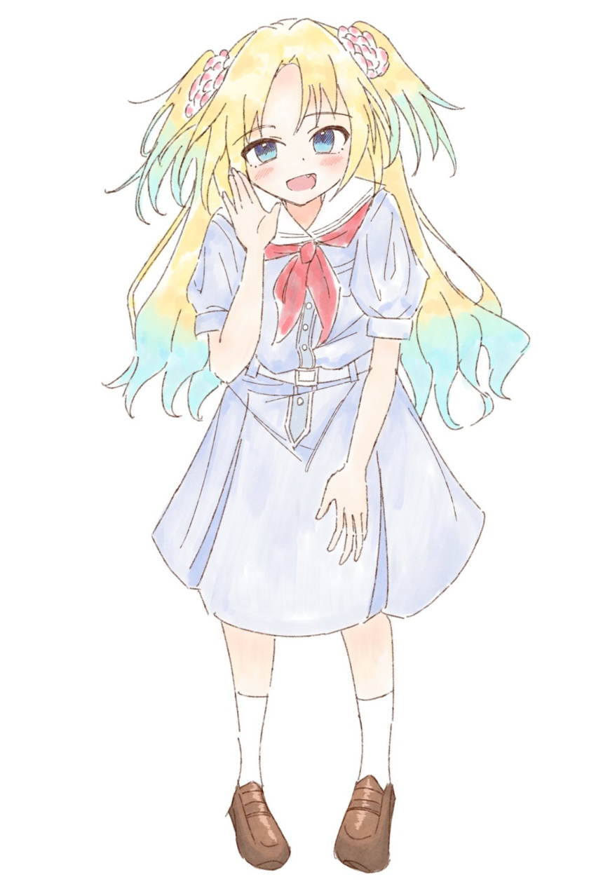 1girl, :d, ameno_ryuu, blonde_hair, blue_dress, blue_eyes, blue_hair, blush, breast_pocket, brown_footwear, commentary, dress, fang, flower, full_body, gradient_hair, hair_flower, hair_ornament, hand_up, hasu_no_sora_school_uniform, highres, leaning_forward, light_blue_hair, link!_like!_love_live!, loafers, long_hair, looking_at_viewer, love_live!, medium_dress, multicolored_hair, neckerchief, open_mouth, osawa_rurino, parted_bangs, pink_flower, pleated_dress, pocket, puffy_short_sleeves, puffy_sleeves, red_neckerchief, sailor_collar, sailor_dress, school_uniform, shoes, short_sleeves, simple_background, smile, socks, solo, summer_uniform, twintails, virtual_youtuber, white_background, white_sailor_collar, white_socks