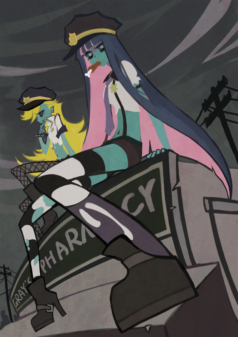 bi-tonal_hair, fishnet_pantyhose, fishnets, multicolored_hair, panty_&amp;_stocking_with_garterbelt, panty_(character), panty_(psg), pantyhose, si, silverwing, stocking_(character), stocking_(psg), thighhighs, two-tone_hair, zombie
