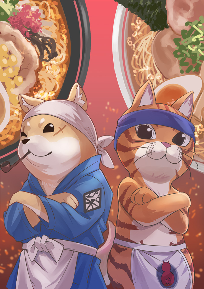 2boys, apron, bandana, blue_archive, blue_headband, bunzo_(red_cat_ramen), cat, crossed_arms
