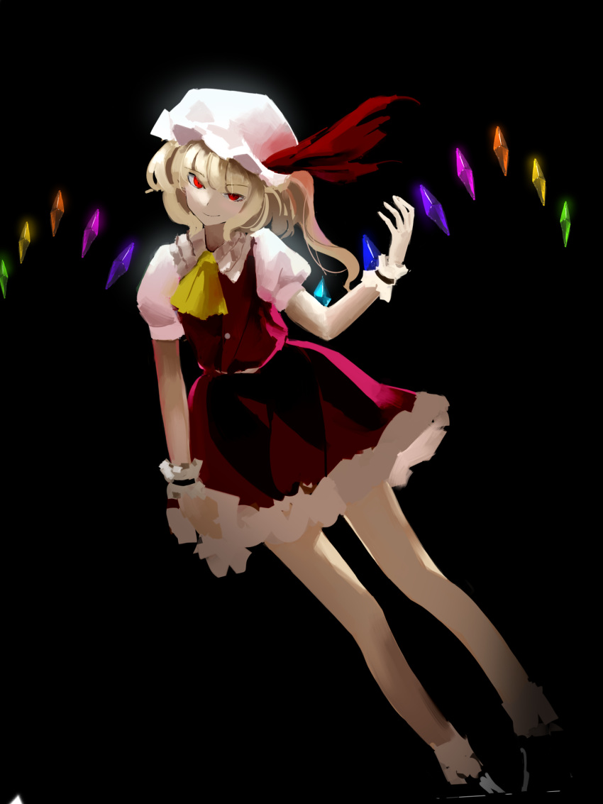 1girl, acor, ascot, bare_legs, black_background, blonde_hair, crystal_wings, dress
