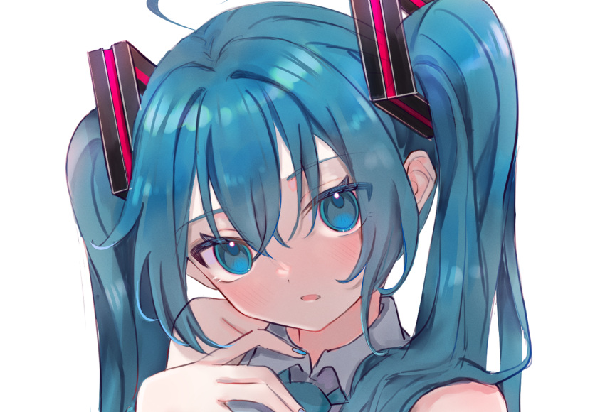 1girl, ahoge, bare_shoulders, blue_eyes, blue_hair, blue_nails, blush, close-up, h_raj_(pixiv_93311327), hand_on_own_chest, hatsune_miku, head_tilt, long_hair, necktie, open_mouth, shirt, simple_background, sleeveless, sleeveless_shirt, solo, twintails, vocaloid, white_background
