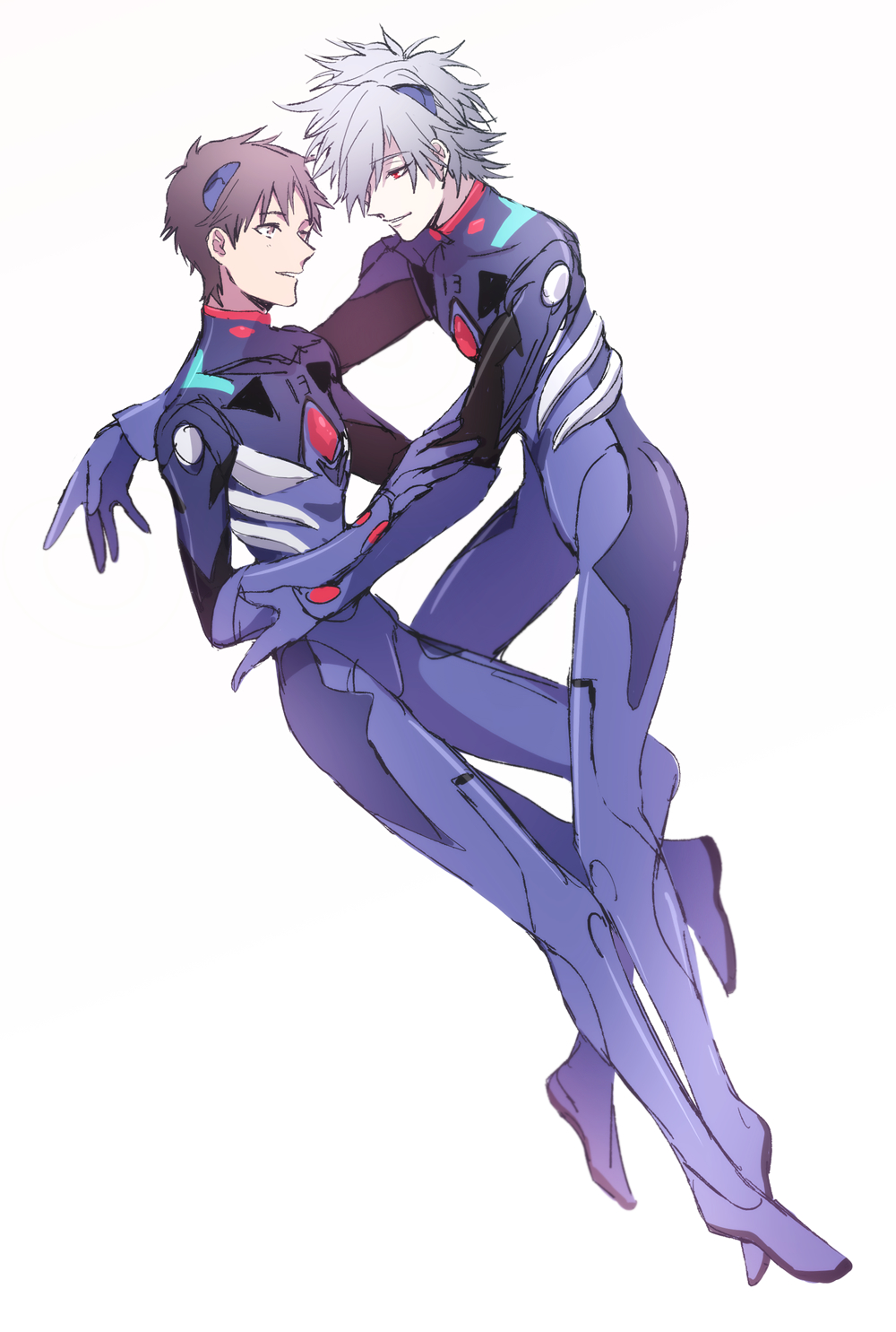 2boys, bodysuit, brown_eyes, brown_hair, eye_contact, full_body, grey_hair, grin