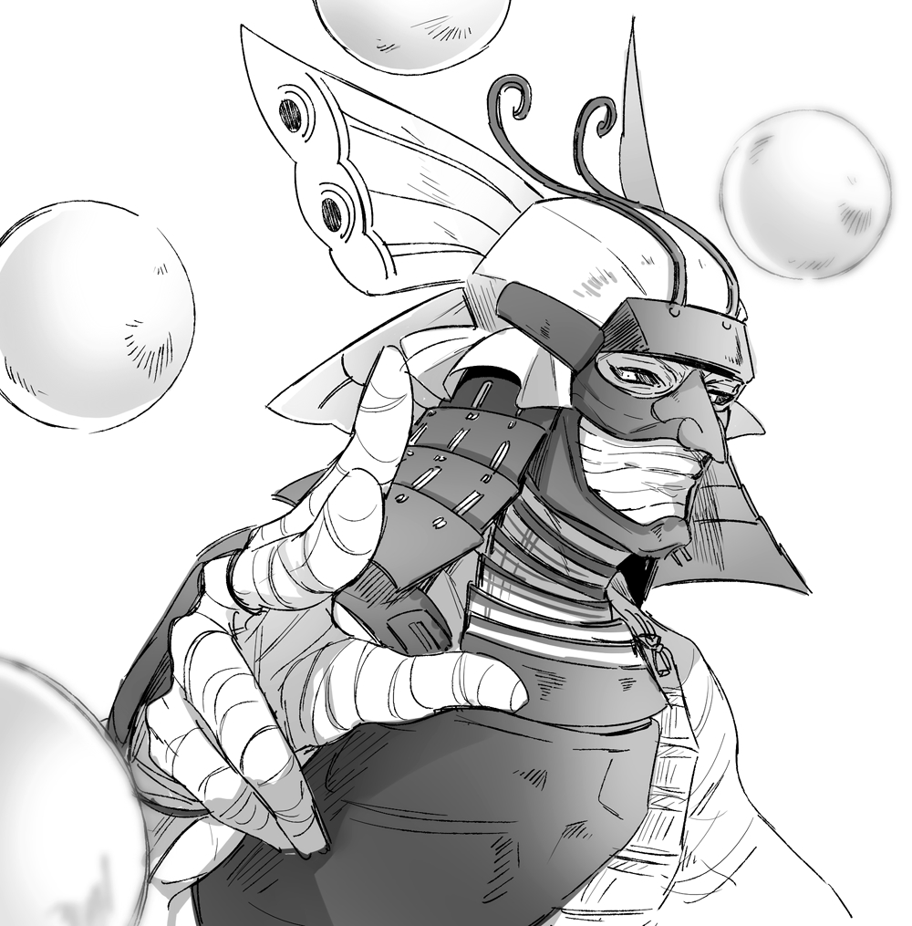 1boy, armor, bandaged_arm, bandaged_hand, bandaged_head, bandages, black_sclera, colored_sclera