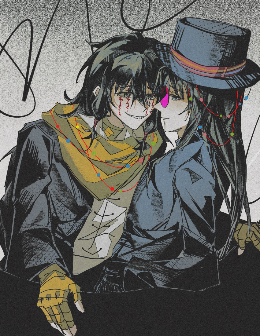 2boys, absurdres, balaluob, bandaged_hand, bandages, black_eyes, black_gloves, black_hair