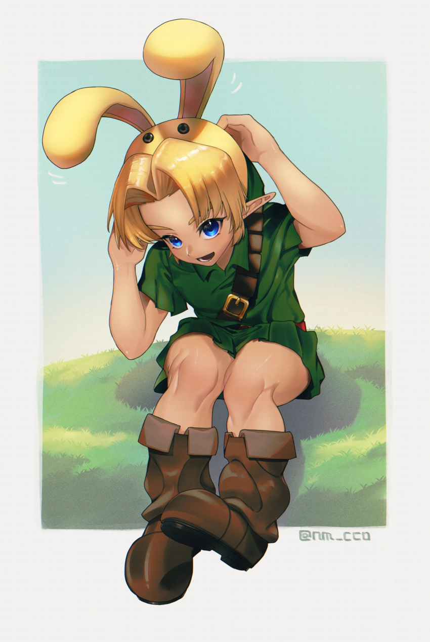 1boy, animal_ears, ao_haruki, belt, belt_buckle, blonde_hair, blue_eyes, boots