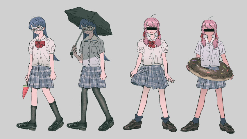 2girls, absurdres, aruko_okara, black_footwear, black_pantyhose, black_socks, bow, breast_pocket