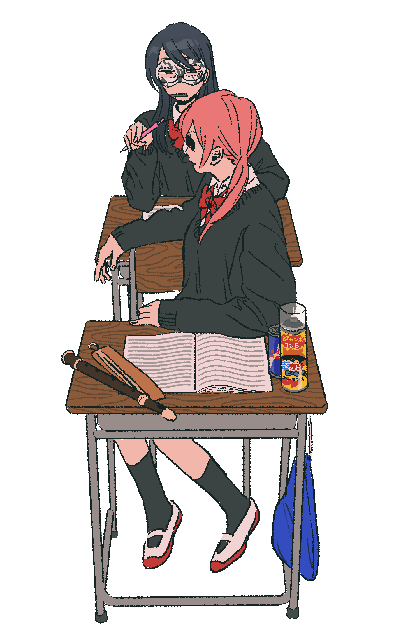 2girls, aruko_okara, black_hair, black_socks, black_sweater, bow, censored, collared_shirt