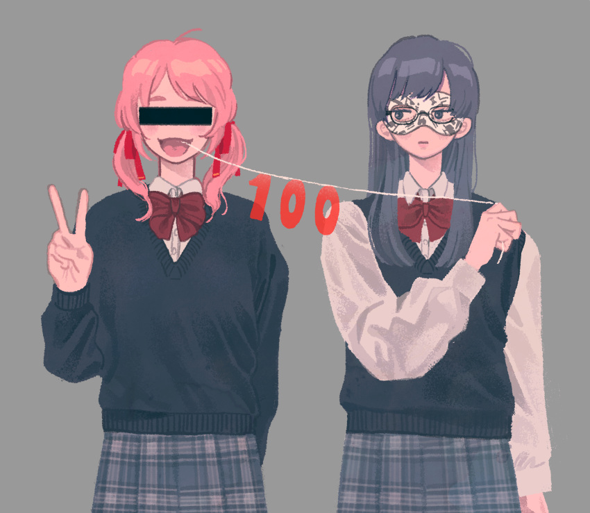 2girls, aruko_okara, black_hair, black_sweater, black_sweater_vest, bow, censored, closed_mouth