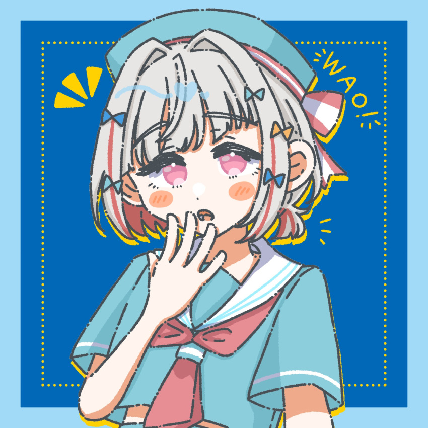 1girl, blue_background, blue_border, blue_hat, blue_shirt, blush, blush_stickers, border