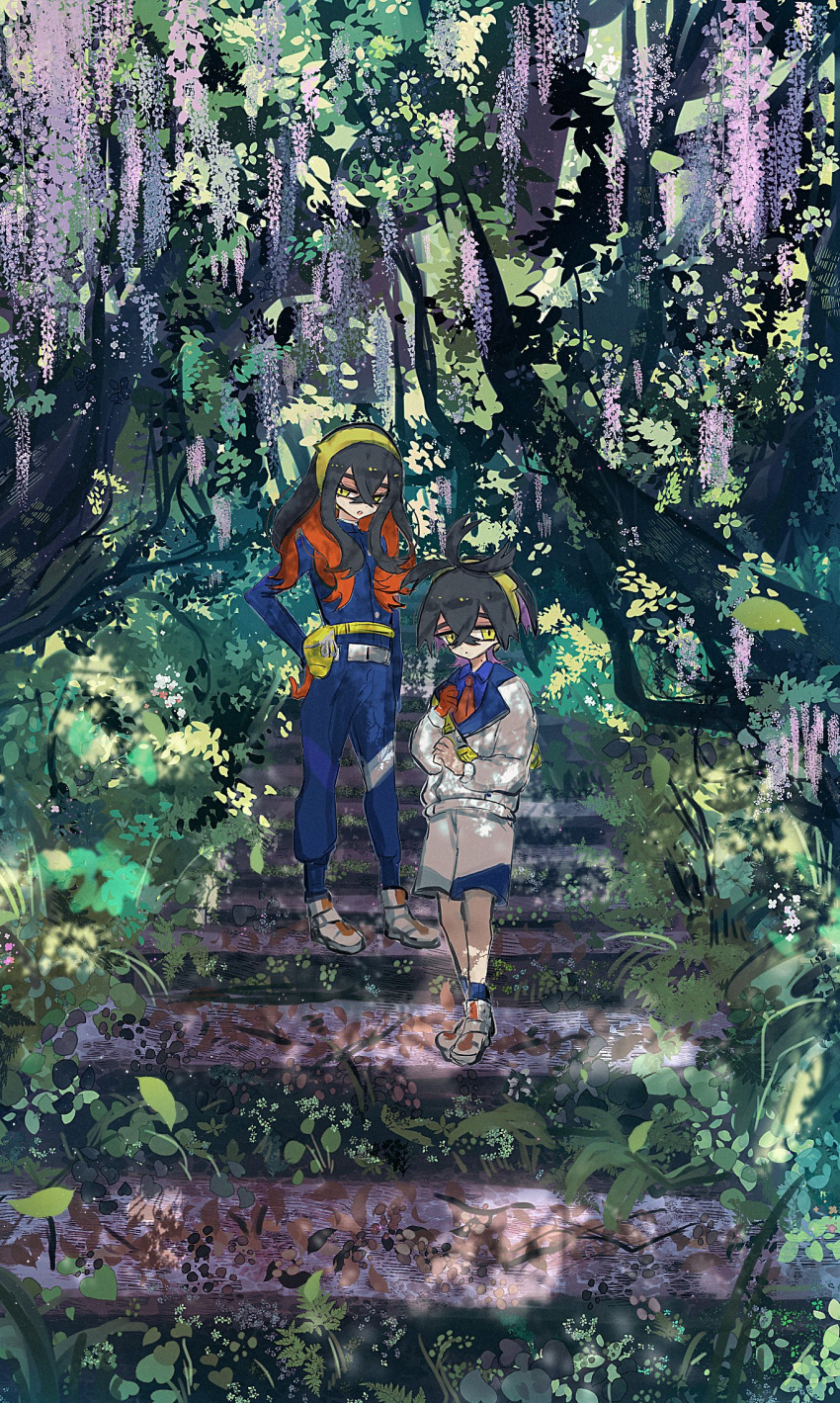 1boy, 1girl, black_hair, blue_jacket, blue_pants, blue_shirt, blue_socks, brother_and_sister