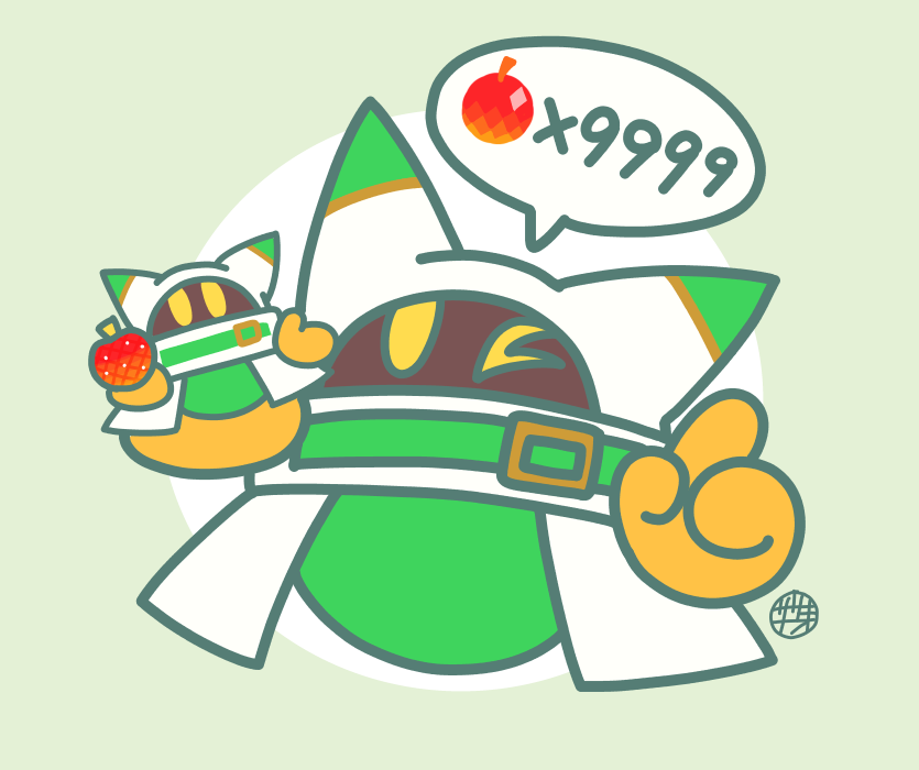 apple, capelet, food, fruit, full_body, grey_background, index_finger_raised, kirby_(series)