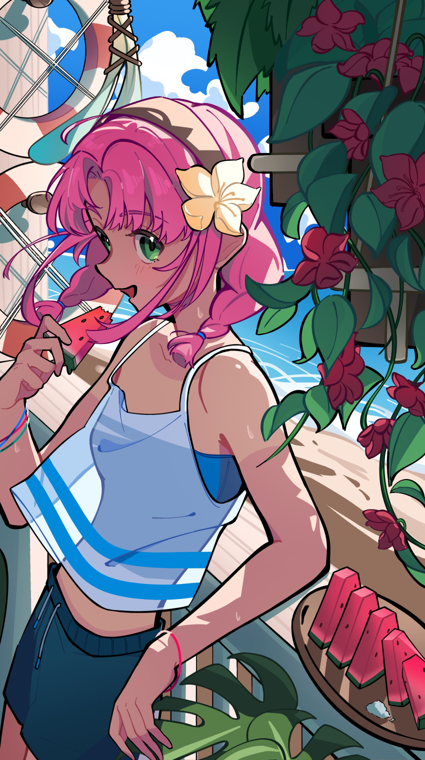 1girl, :d, absurdres, against_railing, bare_arms, bare_shoulders, blue_shorts, blue_sky, bracelet, braid, brown_hairband, chahu_lililala, clouds, cowboy_shot, flower, food, from_side, fruit, green_eyes, hair_flower, hair_ornament, hairband, hand_up, highres, holding_watermelon, jewelry, leilani_(reverse:1999), looking_at_viewer, midriff, open_mouth, pink_hair, plant, profile, railing, red_flower, reverse:1999, see-through_silhouette, short_hair, shorts, sky, smile, solo, spaghetti_strap, tank_top, twin_braids, watermelon, watermelon_slice, white_tank_top, yellow_flower