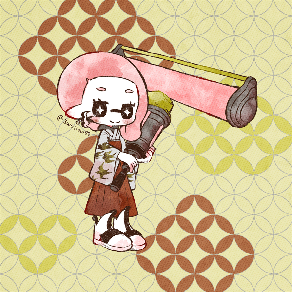 1girl, black_eyes, blush, closed_mouth, dynamo_roller_(splatoon), eyelashes, full_body, grey_kimono