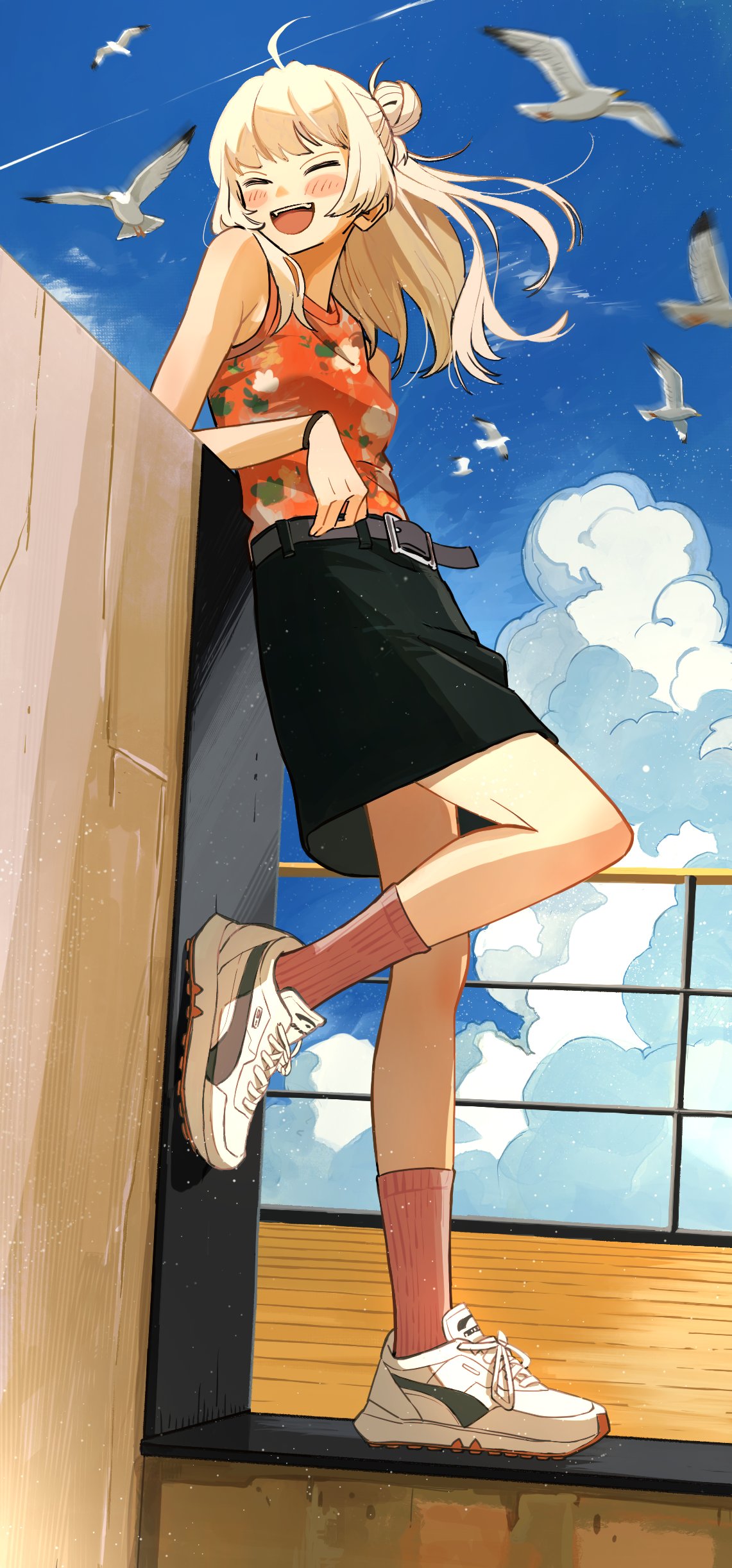 1girl, ^_^, absurdres, bare_shoulders, belt, bird, black_skirt, blonde_hair