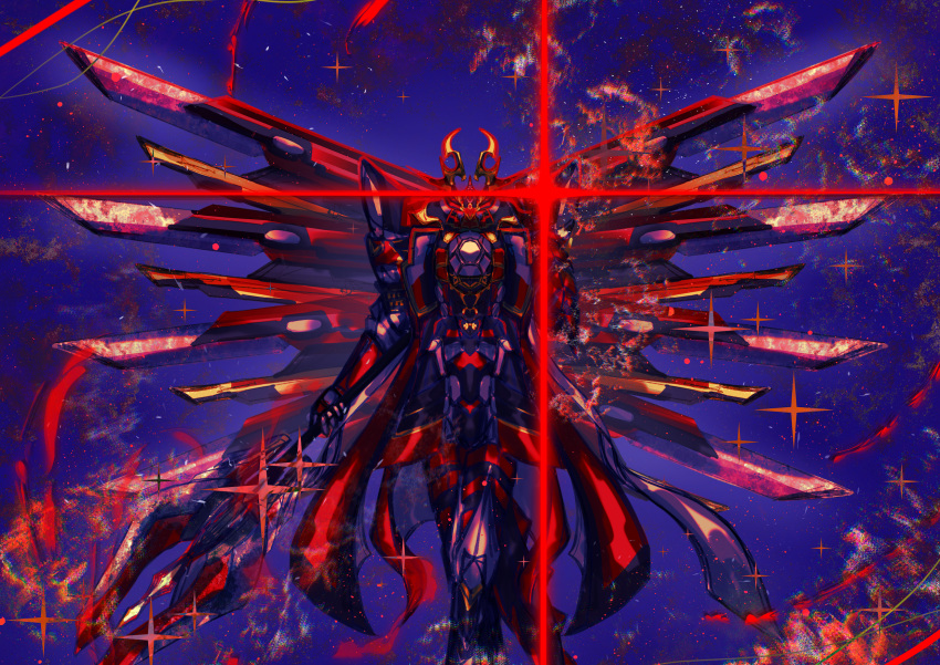 1boy, annie_(annhoyyy), armor, blue_background, commentary, diffraction_spikes, duel_monster, fake_horns