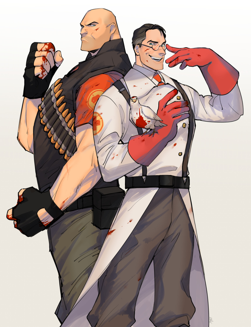 2boys, adjusting_eyewear, animal_on_arm, archimedes_(tf2), back-to-back, bald, bandolier, belt