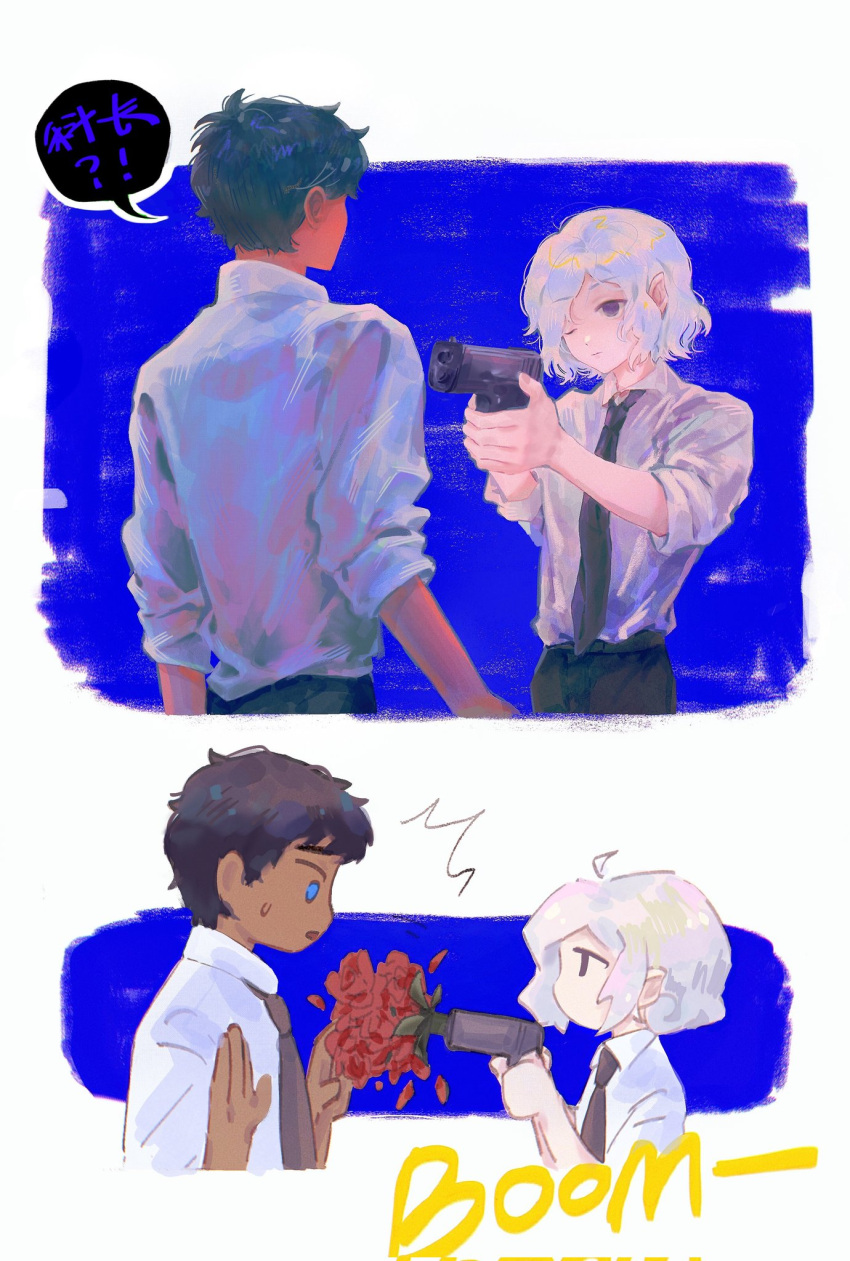 2boys, alternate_universe, bags_under_eyes, black_eyes, black_hair, blue_eyes, chinese_text, collared_shirt