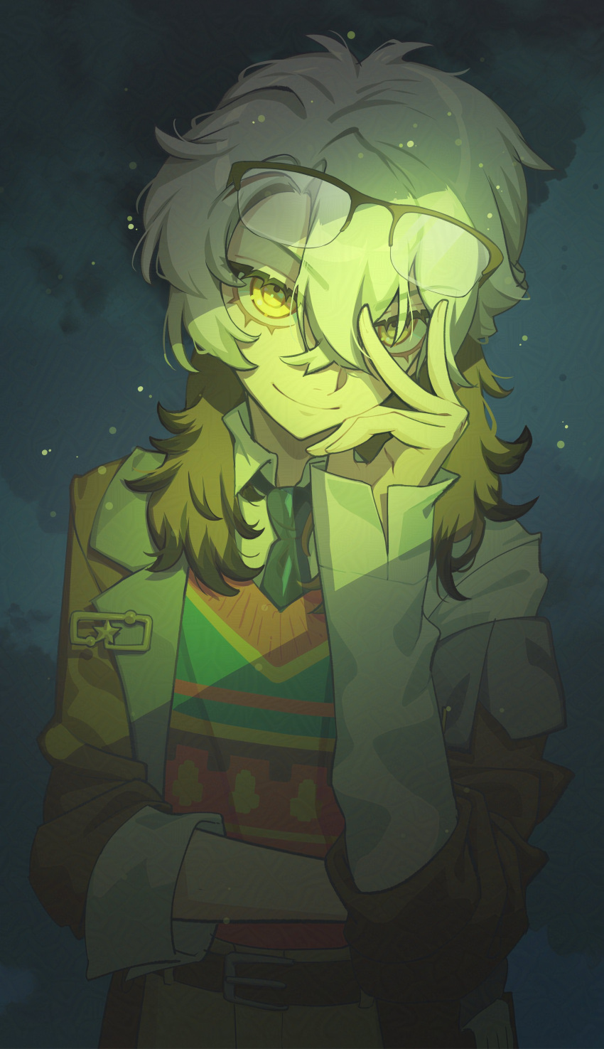 1other, absurdres, androgynous, brown_hair, brown_jacket, collared_shirt, crack_of_light, dark_background