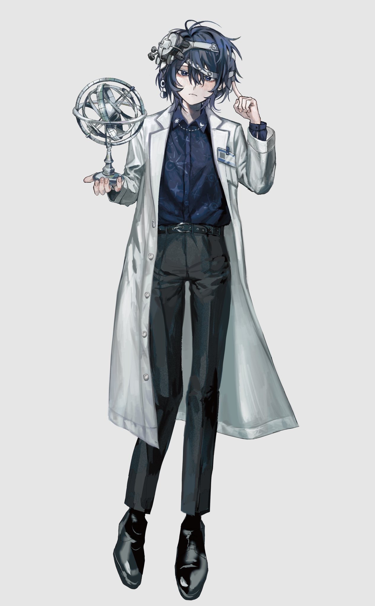 1boy, antenna_hair, belt, black_belt, black_footwear, black_pants, blue_eyes, blue_hair