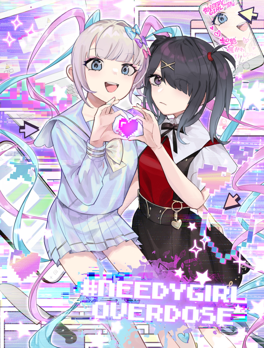 12longhappy, 2girls, :d, ame-chan_(needy_girl_overdose), black_hair, black_ribbon, black_skirt, blonde_hair, blue_bow, blue_eyes, blue_hair, blue_serafuku, blue_shirt, blue_skirt, bow, cellphone, chouzetsusaikawa_tenshi-chan, collared_shirt, commentary_request, copyright_name, cursor, dual_persona, hair_bow, hair_ornament, hair_over_one_eye, hand_up, heart, heart_hands, heart_hands_duo, heart_in_heart_hands, highres, knife, long_hair, long_sleeves, looking_at_viewer, multicolored_hair, multiple_girls, multiple_hair_bows, neck_ribbon, needy_girl_overdose, open_mouth, phone, pink_bow, pink_hair, pleated_skirt, purple_bow, quad_tails, red_shirt, ribbon, sailor_collar, school_uniform, serafuku, shirt, skirt, smartphone, smile, suspender_skirt, suspenders, twintails, violet_eyes, x_hair_ornament