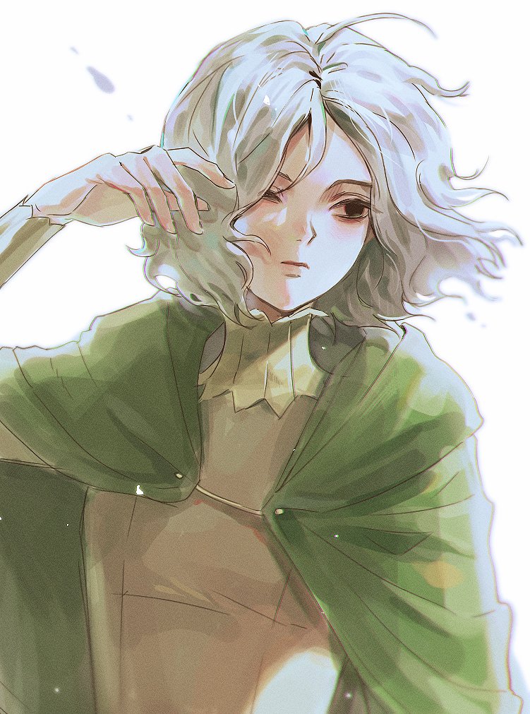 1boy, bags_under_eyes, black_eyes, blurry, blush, cloak, closed_mouth, depth_of_field