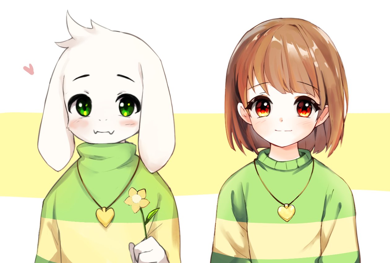 1boy, 1other, animal_ears, arm_at_side, arms_at_sides, asriel_dreemurr, blush, bob_cut, brown_hair, chara_(undertale), closed_mouth, commentary_request, fangs, flower, furry, furry_male, goat_boy, goat_ears, gold_necklace, green_eyes, green_sweater, hair_behind_ear, heart, heart_necklace, holding, holding_flower, jewelry, korean_commentary, long_sleeves, looking_at_viewer, necklace, red_eyes, short_hair, simple_background, skin_fangs, smile, straight-on, striped_clothes, striped_sweater, sweater, turtleneck, turtleneck_sweater, two-tone_sweater, undertale, upper_body, watasi_tokimi, white_fur, yellow_flower, yellow_sweater