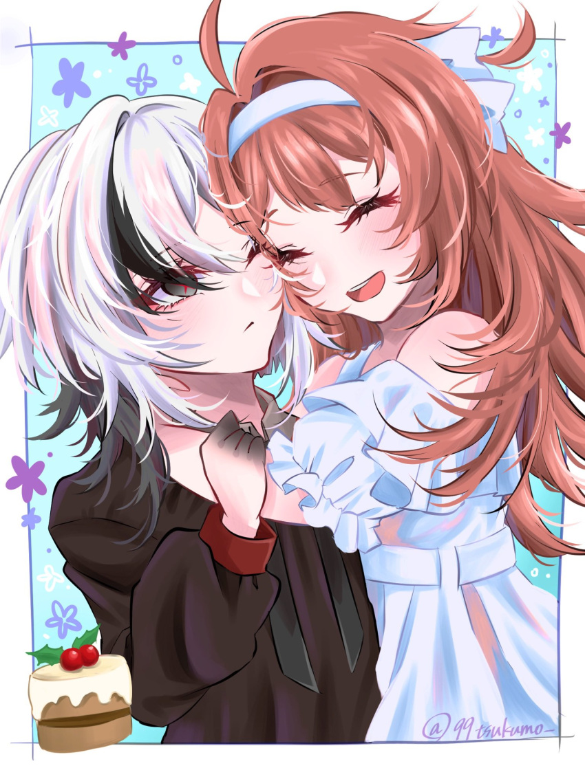 2girls, 99tsukumo, arlecchino_(genshin_impact), black_eyes, black_hair, cake, cherry, child, clervie_(genshin_impact), english_text, flower, food, fruit, genshin_impact, highres, hug, multiple_girls, smile, white_hair, x_x
